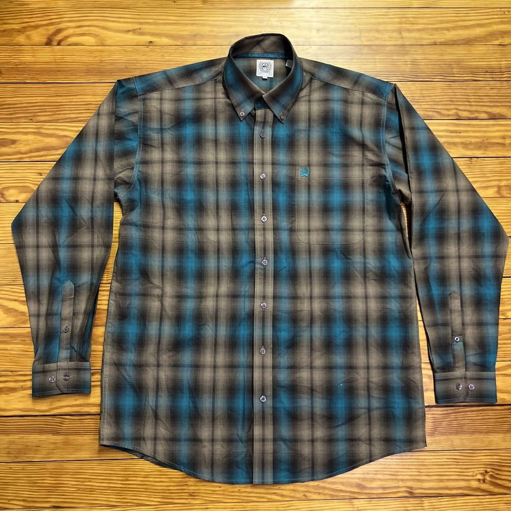 CINCH Men's Plaid Button Down Western Shirt Long Sleeve Medium‎ Brown Turquoise